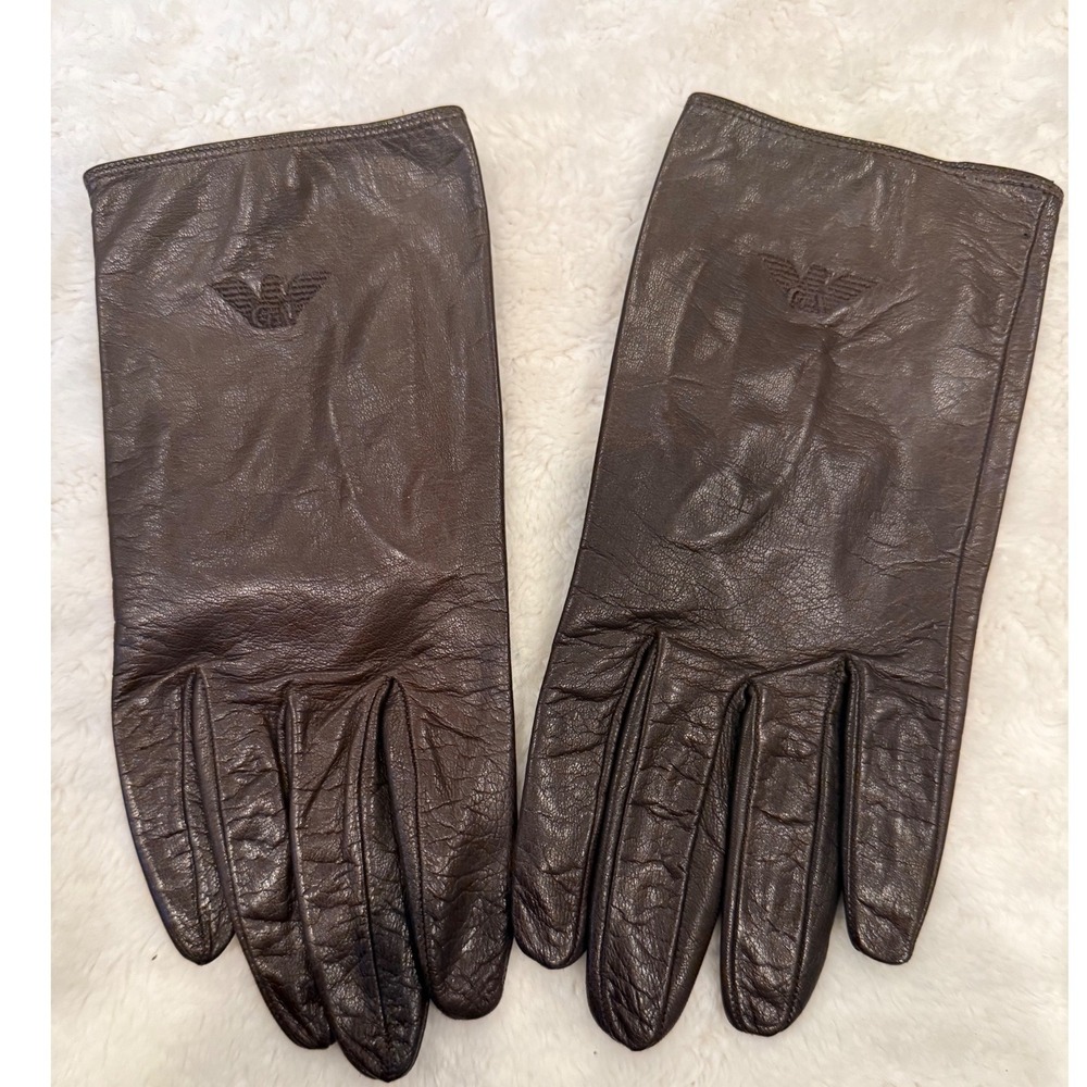 Vintage Emporio Armani Leather Gloves Brown Eagle Logo Made in Italy Size M